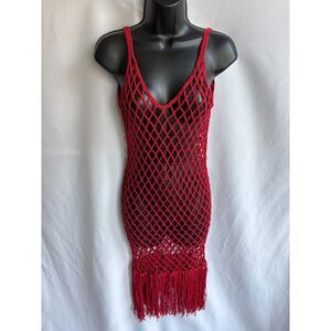 ACR Sparkly Red Crochet Swim Cover Open Back One Size Tassels Sexy Beachy Cute